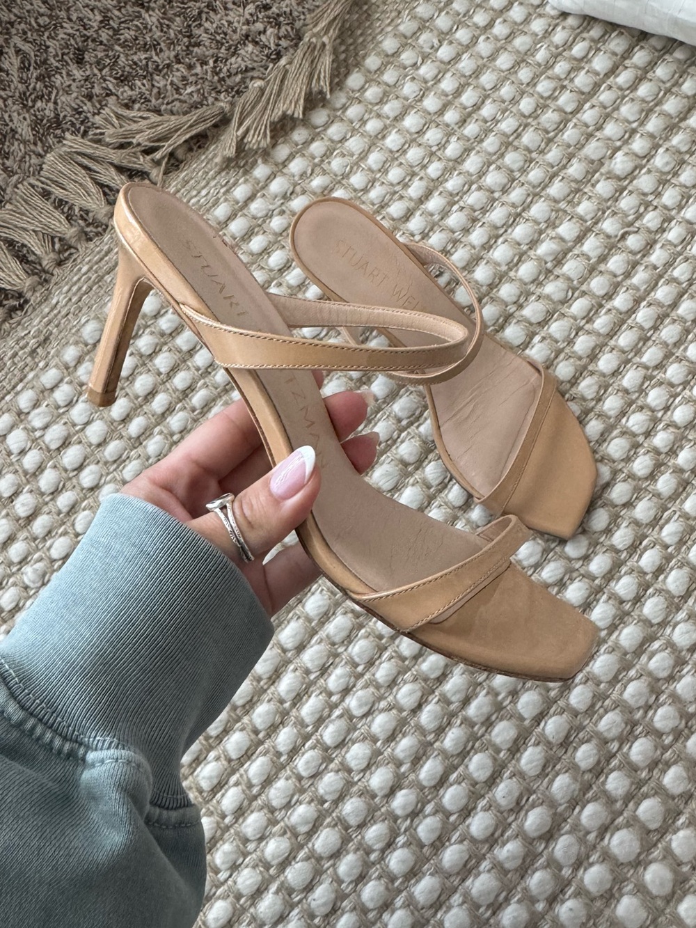 Stuart Weitzman Beige Tan Strappy Square-Toe Heel Sandals